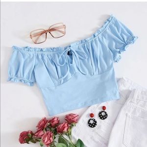 Off Shoulder Frill Trim Knot Front Top
